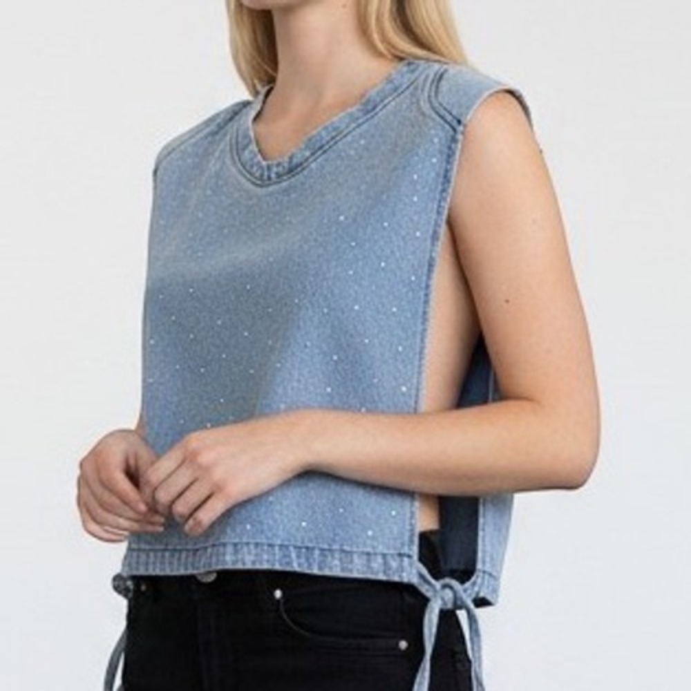 Aynaz Denim Rhinestone Open Side Tir Blue Cotton Crop Top Womens Size 36 - Picture 8 of 8